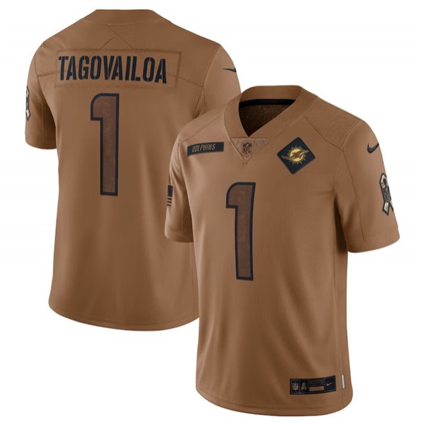 Miami Dolphins #1 Tua Tagovailoa 2023 Brown Salute To Service Limited Stitched Jersey