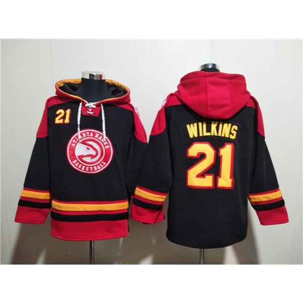 Atlanta Hawks #21 Dominique Wilkins Black Red Lace-Up Pullover Hoodie
