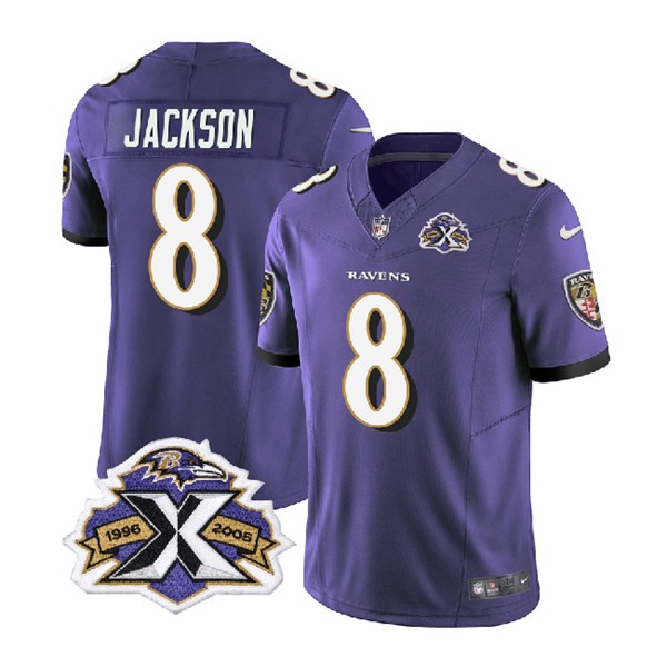 Baltimore Ravens #8 Lamar Jackson Purple 2023 F.U.S.E With Patch Throwback Vapor Limited Stitched Jersey