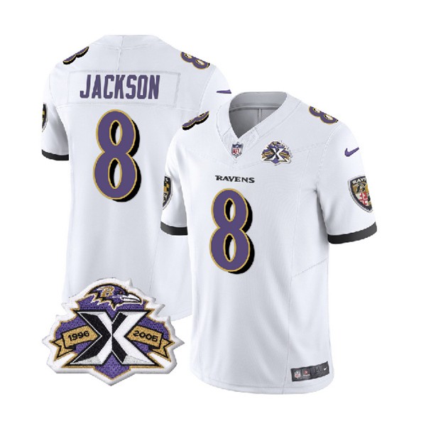 Baltimore Ravens #8 Lamar Jackson White 2023 F.U.S.E With Patch Throwback Vapor Limited Stitched Jersey