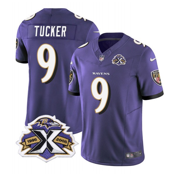 Baltimore Ravens #9 Justin Tucker Purple 2023 F.U.S.E With Patch Throwback Vapor Limited Stitched Jersey