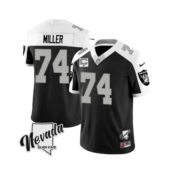 Las Vegas Raiders #74 Kolton Miller Black White 2023 F.U.S.E Nevada Silver Stat With 4-Star C Patch Stitched Jersey