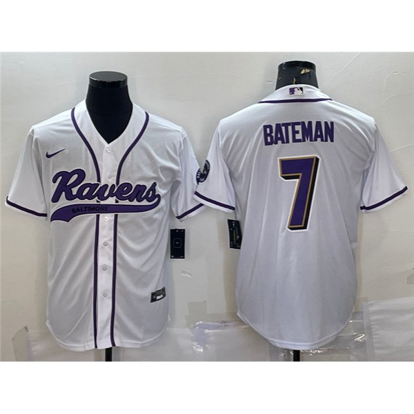 Baltimore Ravens #7 Rashod Bateman White With Patch Cool Base Stitched Jersey