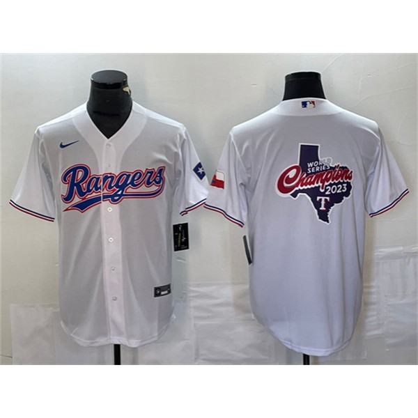 Texas Rangers White 2023 World Series Champions Big Logo With Patch Cool Base Stitched Jersey