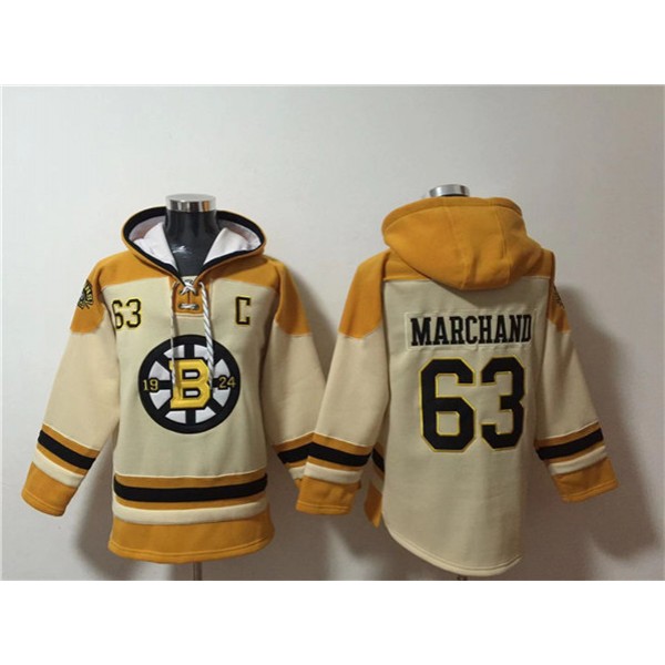 Boston Bruins #63 Brad Marchand Cream Ageless Must-Have Lace-Up Pullover Hoodie