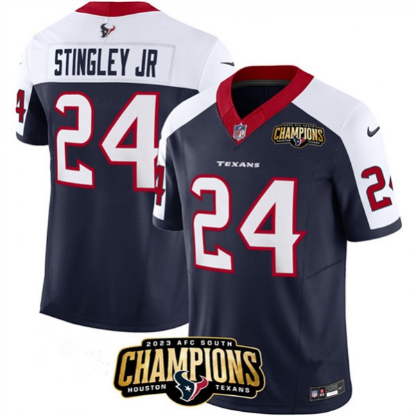 Houston Texans #24 Derek Stingley Jr. Navy White 2023 F.U.S.E. With AFC South Champions Patch And Team Logo Patch Limited Stitched Jersey