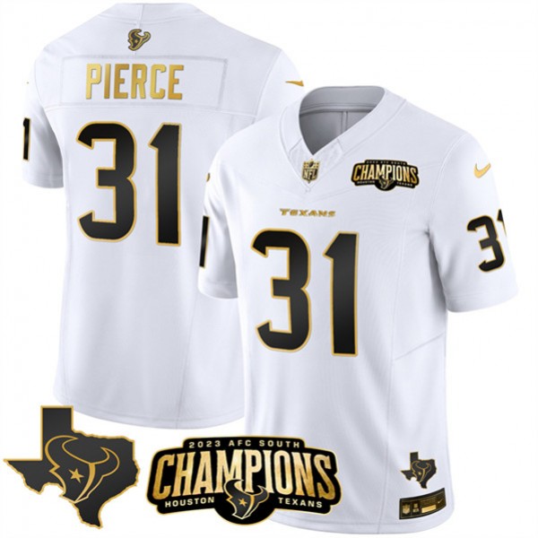Houston Texans #31 Dameon Pierce White Golden 2023 F.U.S.E. With AFC South Champions Patch And Team Logo Patch Limited Stitched Jersey
