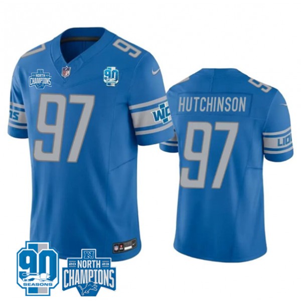 Detroit Lions #97 Aidan Hutchinson Blue 2023 90th Anniversary North Division Champions Patch Limited Stitched Jersey