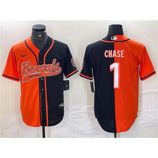 Cincinnati Bengals #1 Ja'Marr Chase Black Orange Split With Patch Cool Base Stitched Jersey