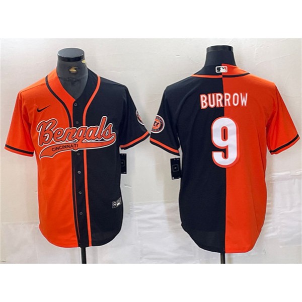 Cincinnati Bengals #9 Joe Burrow Black Orange Split With Patch Cool Base Stitched Jersey