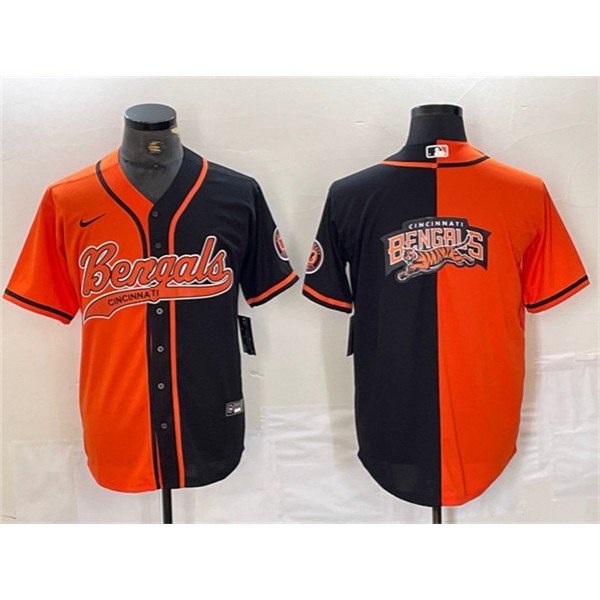 Cincinnati Bengals Team Big Logo Black Orange Split With Patch Cool Base Stitched Jersey