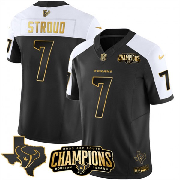 Houston Texans #7 C.J. Stroud Black White Golden 2023 F.U.S.E. With AFC South Champions Patch And Team Logo Patch Limited Stitched Jersey