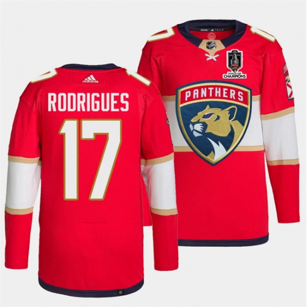 Florida Panthers #17 Evan Rodrigues Red Home 2024 Stanley Cup Champions Stitched Jersey