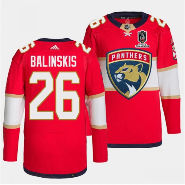 Florida Panthers #26 Uvis Balinskis Red Home 2024 Stanley Cup Champions Stitched Jersey
