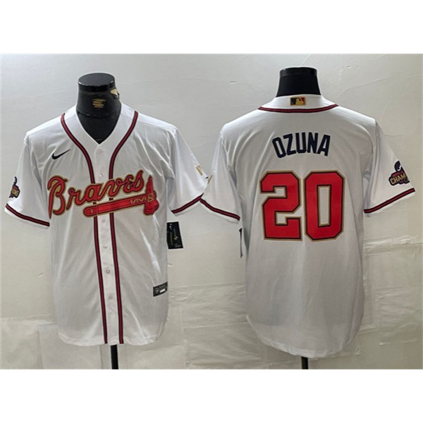 Atlanta Braves #20 Marcell Ozuna White Gold World Series Champions Cool Base Stitched Jersey