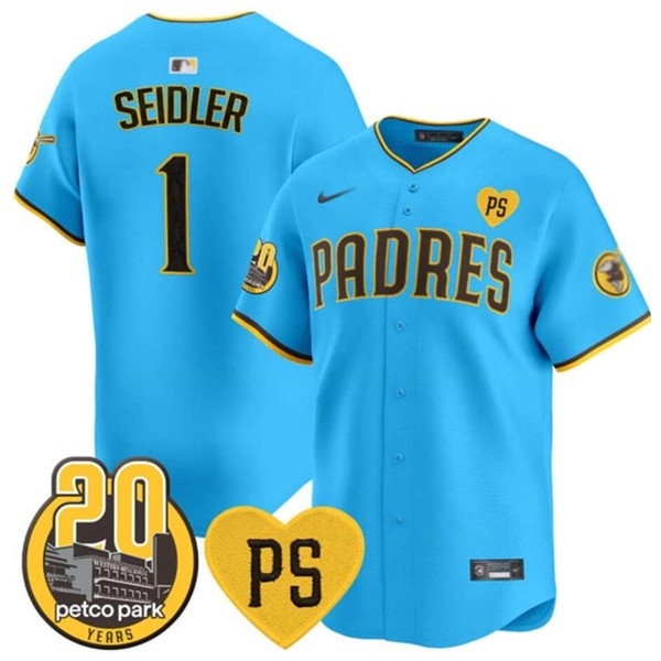 San Diego Padres Custom Blue “For Peter” And Petco Park 20th Patch Limited Stitched Jersey