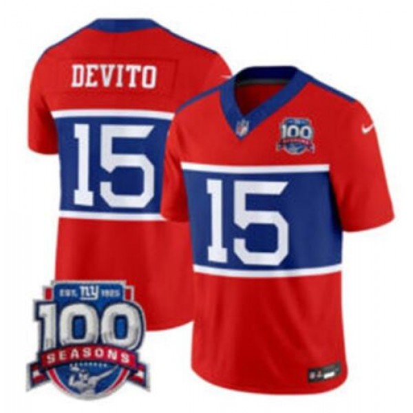 New York Giants #15 Tommy DeVito Century Red F.U.S.E. 100TH Season Commemorative Patch Limited Stitched Jersey