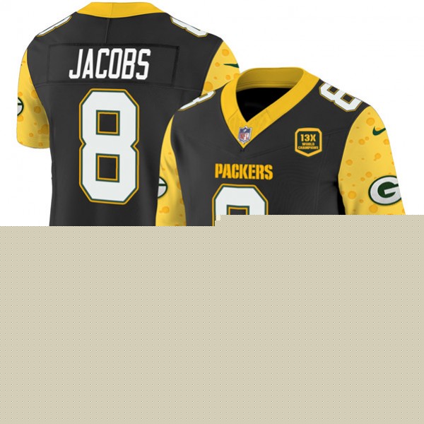 Green Bay Packers #8 Josh Jacobs Black 2024 F.U.S.E. 13 Time World Champions And Home Patch Vapor Untouchable Limited Stitched Jersey