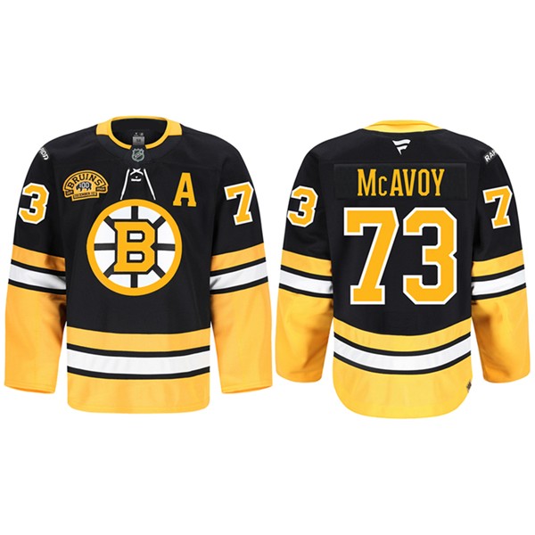 Boston Bruins #73 Charlie McAvoy Black 2024 100th Anniversary Patch Stitched Game Jersey