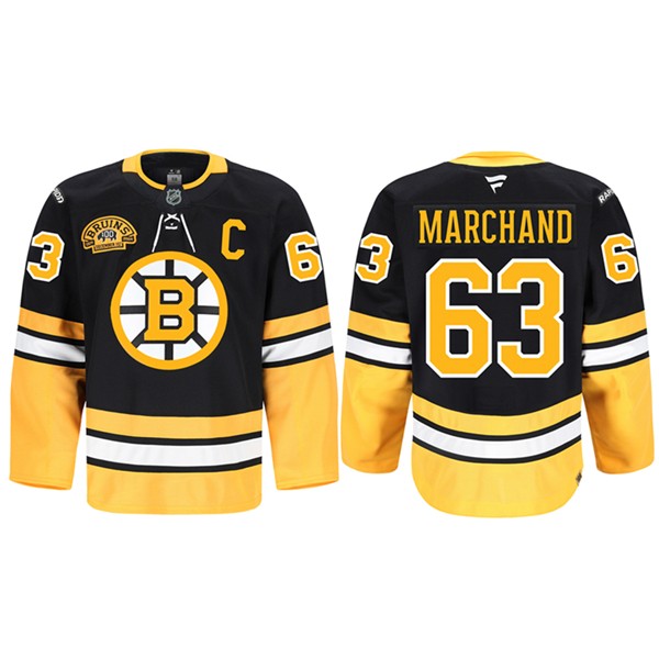Boston Bruins #63 Brad Marchand Black 2024 100th Anniversary Patch Stitched Game Jersey