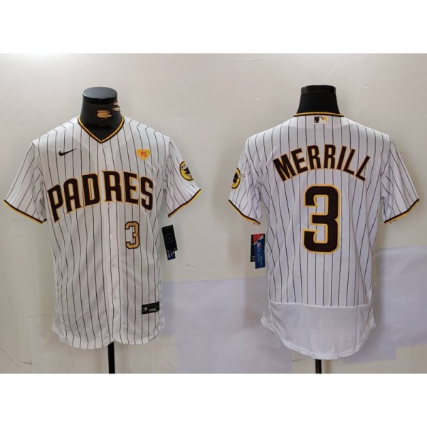 San Diego Padres #3 Jackson Merrill White With PS Patch Flex Base Stitched Jersey