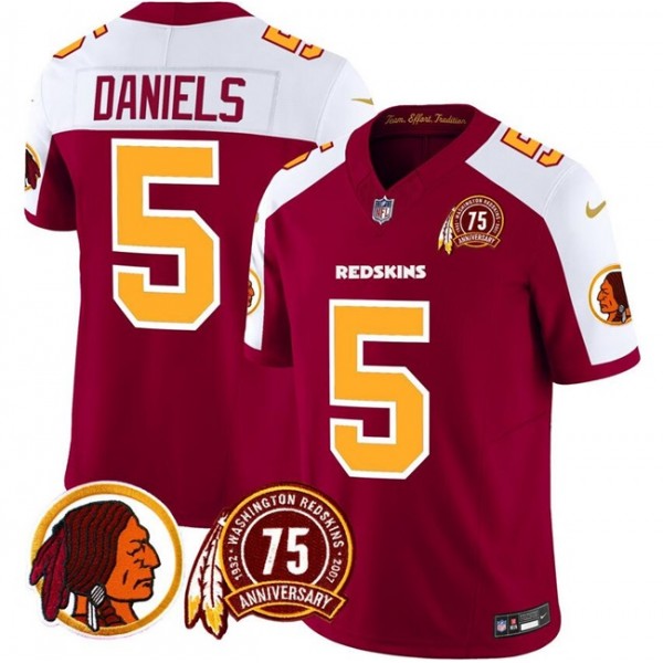Washington Redskins #5 Jayden Daniels Burgundy White 2024 F.U.S.E. 75th Patch Throwback Vapor Limited Stitched Jersey