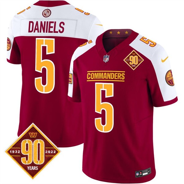 Washington Commanders #5 Jayden Daniels Burgundy White 2023 F.U.S.E. 90th Anniversary Vapor Limited Stitched Jersey