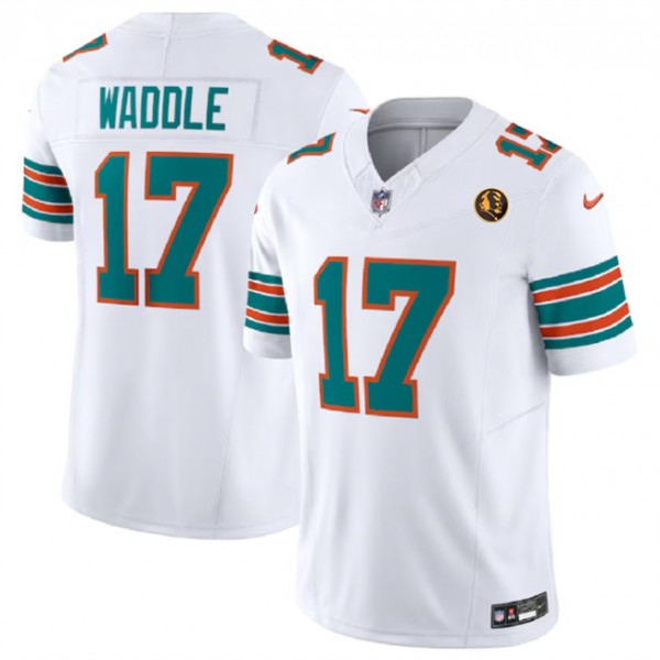 Miami Dolphins #17 Jaylen Waddle White 2023 F.U.S.E. Alternate With John Madden Patch Vapor Limited Stitched Jersey