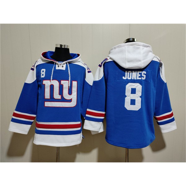 New York Giants #8 Daniel Jones Blue Ageless Must-Have Lace-Up Pullover Hoodie