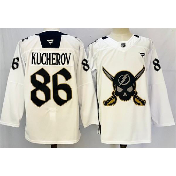 Tampa Bay Lightning #86 Nikita Kucherov 2024-25 White Gasparilla Inspired Pirate-Themed Warmup Stitched Jersey