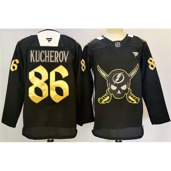 Tampa Bay Lightning #86 Nikita Kucherov 2024-25 Black Gasparilla Inspired Pirate-Themed Warmup Stitched Jersey