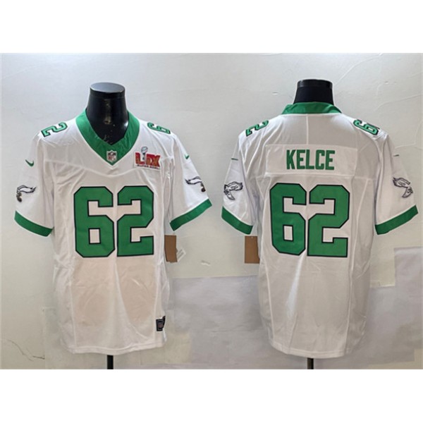 Philadelphia Eagles #62 Jason Kelce White 2025 Super Bowl LIX Patch F.U.S.E. Vapor Untouchable Limited Stitched Jersey