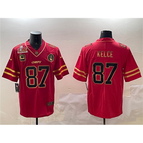 Kansas City Chiefs #87 Travis Kelce Red Gold 2025 Super Bowl LIX Patch And 4-Star C Patch Vapor Untouchable Limited Stitched Jersey