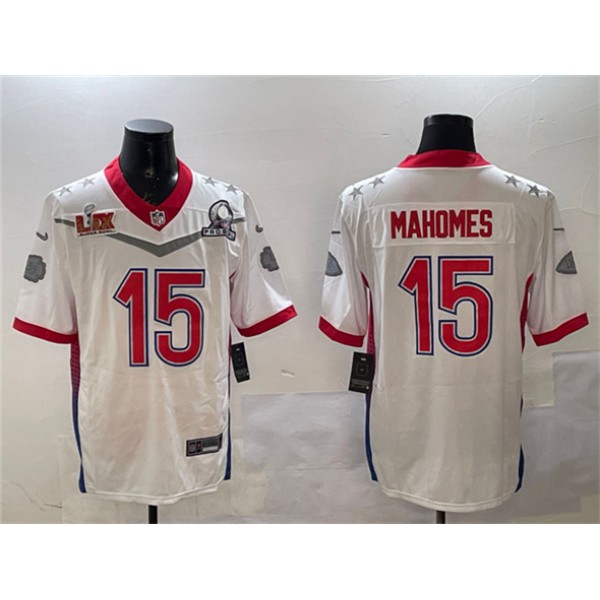 Kansas City Chiefs #15 Patrick Mahomes White 2025 Super Bowl LIX Patch Pro Bowl Vapor Limited Stitched Jersey