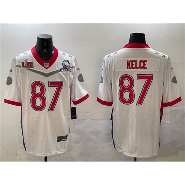 Kansas City Chiefs #87 Travis Kelce White 2025 Super Bowl LIX Patch Pro Bowl Vapor Limited Stitched Jersey