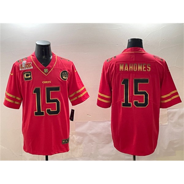 Kansas City Chiefs #15 Patrick Mahomes Red Gold 2025 Super Bowl LIX Patch And 4-Star C Patch Vapor Untouchable Limited Stitched Jersey