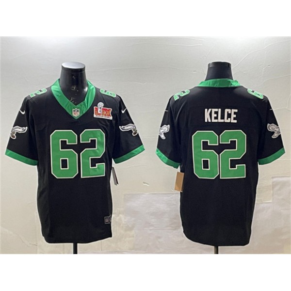 Philadelphia Eagles #62 Jason Kelce Black 2025 Super Bowl LIX Patch F.U.S.E. Vapor Untouchable Limited Stitched Jersey