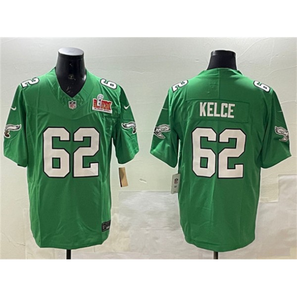 Philadelphia Eagles #62 Jason Kelce Green 2025 Super Bowl LIX Patch F.U.S.E. Throwback Vapor Untouchable Limited Stitched Jersey