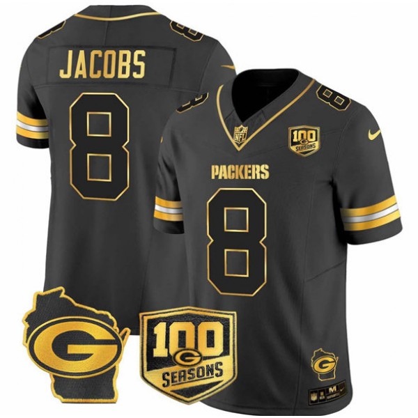 Green Bay Packers #8 Josh Jacobs Black Gold F.U.S.E. 100 Seasons With Home Patch Stitched Game Jersey