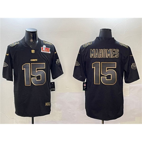 Kansas City Chiefs #15 Patrick Mahomes Black Gold 2025 Super Bowl LIX Patch Vapor Limited Stitched Jersey
