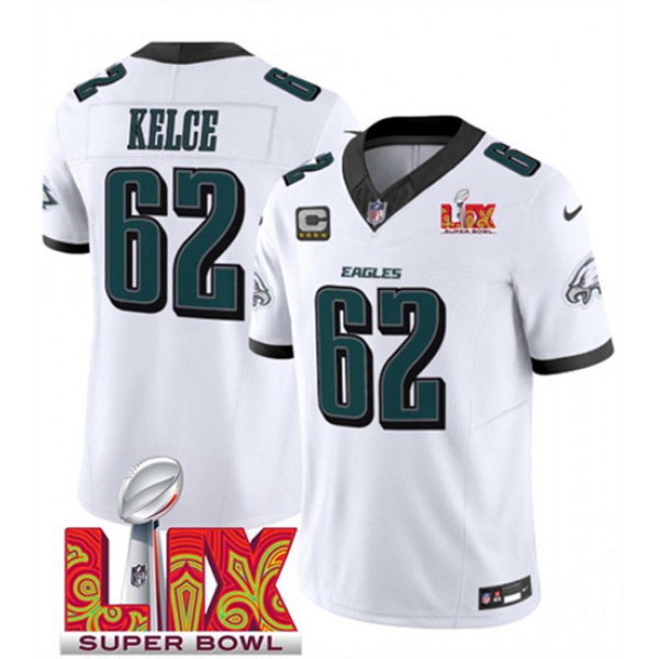 Philadelphia Eagles #62 Jason Kelce White 2025 Super Bowl LIX Patch Vapor Untouchable Limited Stitched Jersey