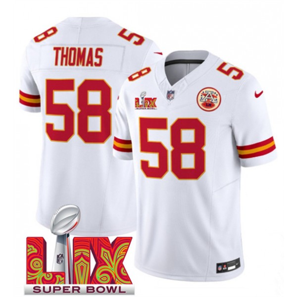 Kansas City Chiefs #58 Derrick Thomas White 2025 F.U.S.E. Super Bowl LIX Patch Vapor Untouchable Limited Stitched Jersey