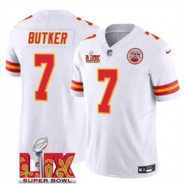 Kansas City Chiefs #7 Harrison Butker White 2025 F.U.S.E. Super Bowl LIX Patch Vapor Untouchable Limited Stitched Jersey
