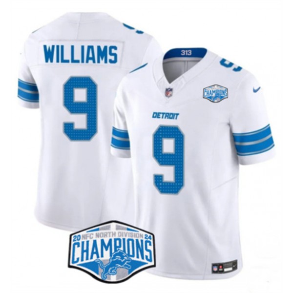 Detroit Lions #9 Jameson Williams White 2024 NFC North Champions F.U.S.E. Vapor Limited Stitched Jersey