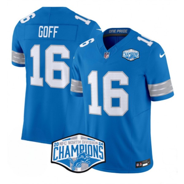 Detroit Lions #16 Jared Goff Blue 2024 NFC North Champions F.U.S.E. Vapor Limited Stitched Jersey