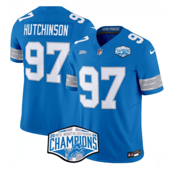 Detroit Lions #97 Aidan Hutchinson Blue 2024 NFC North Champions F.U.S.E. Vapor Limited Stitched Jersey