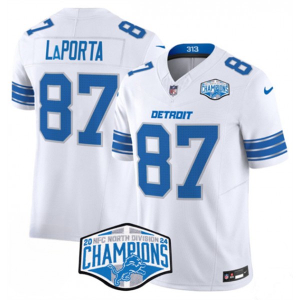 Detroit Lions #87 Sam LaPorta White 2024 NFC North Champions F.U.S.E. Vapor Limited Stitched Jersey