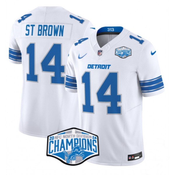 Detroit Lions #14 Amon-Ra St. Brown White 2024 NFC North Champions F.U.S.E. Vapor Limited Stitched Jersey