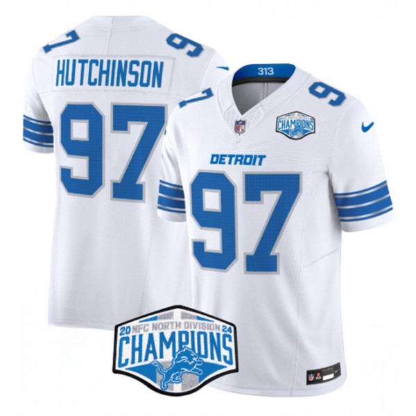 Detroit Lions #97 Aidan Hutchinson White 2024 NFC North Champions F.U.S.E. Vapor Limited Stitched Jersey