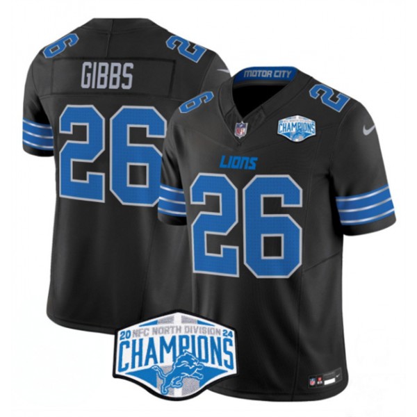 Detroit Lions #26 Jahmyr Gibbs Black 2024 NFC North Champions F.U.S.E. Vapor Limited Stitched Jersey